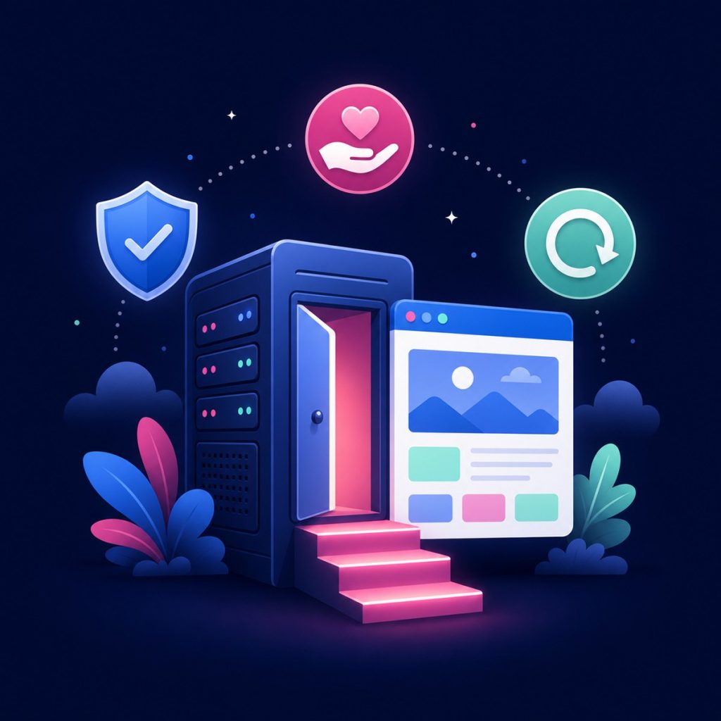 Illustration of a friendly server with an open door and three steps up to a simple website window
