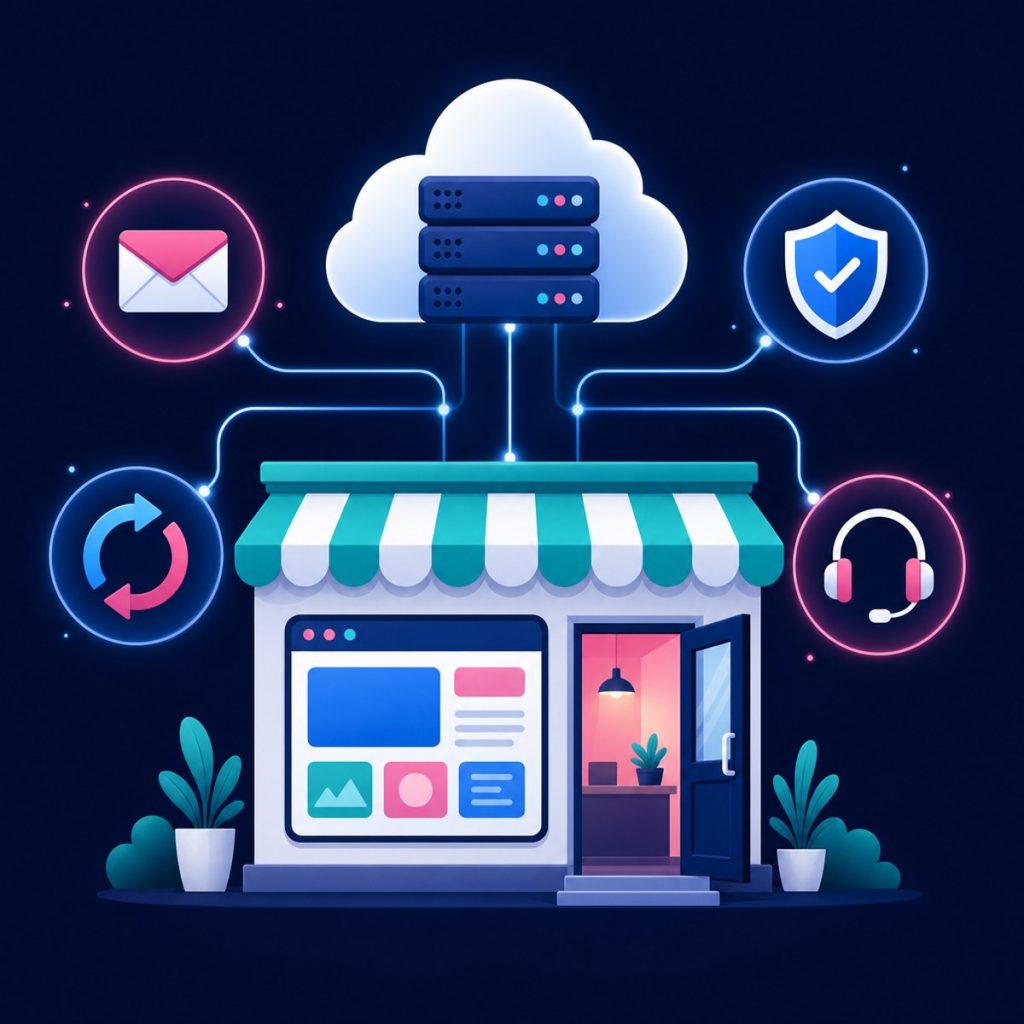 Illustration of a small shop front linked to a cloud server with email, security, backup and support icons