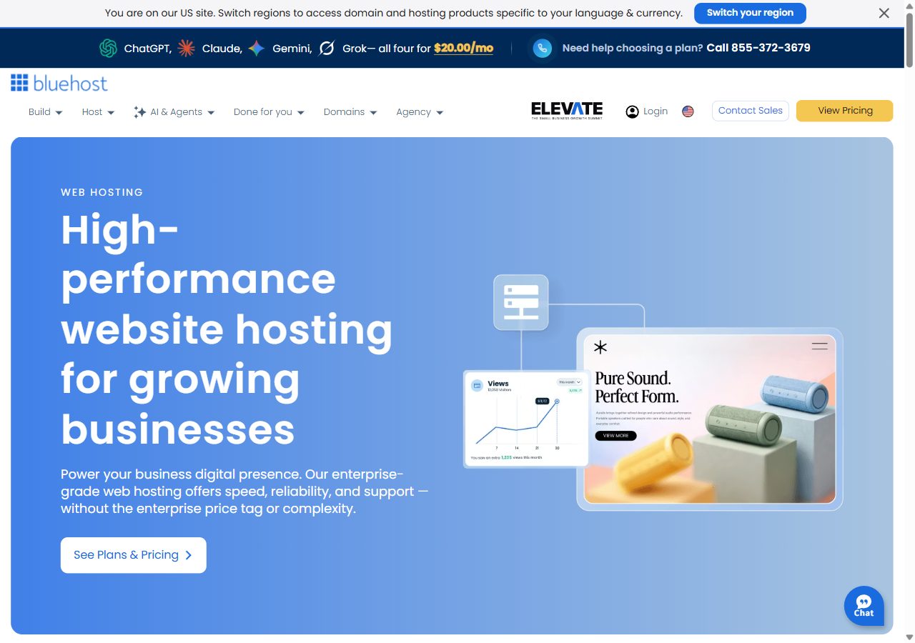 Bluehost web hosting page headline: high-performance website hosting for growing businesses