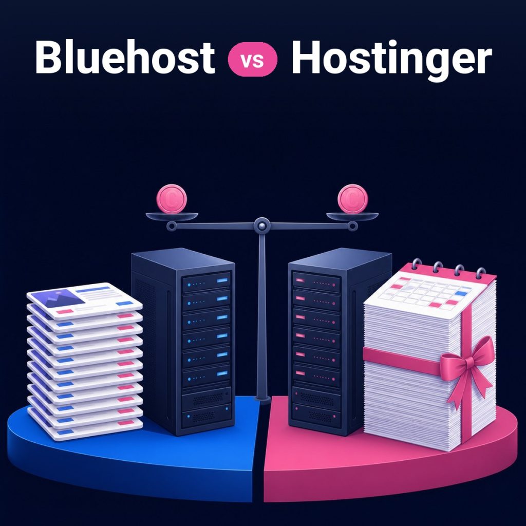 Bluehost vs Hostinger: two servers on a balance, one with ten website cards, one on a prepaid calendar stack