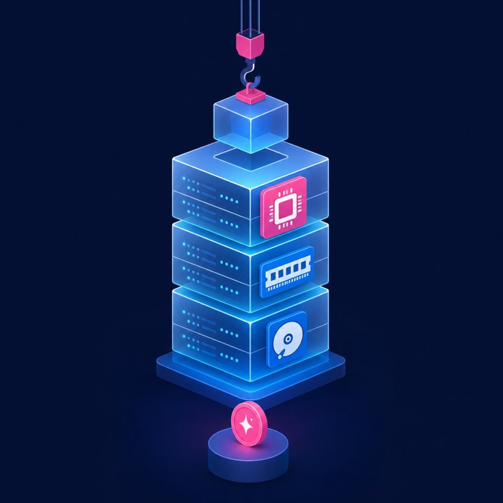 Illustration of a server built from stacked resource cubes for CPU, memory and disk, with one cube being added