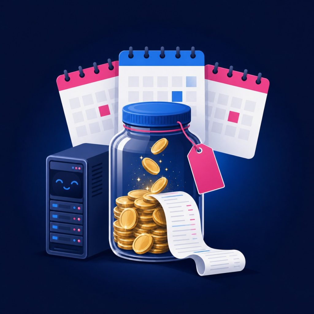 Illustration of a coin jar filling beside a small server with calendar pages for each year behind it