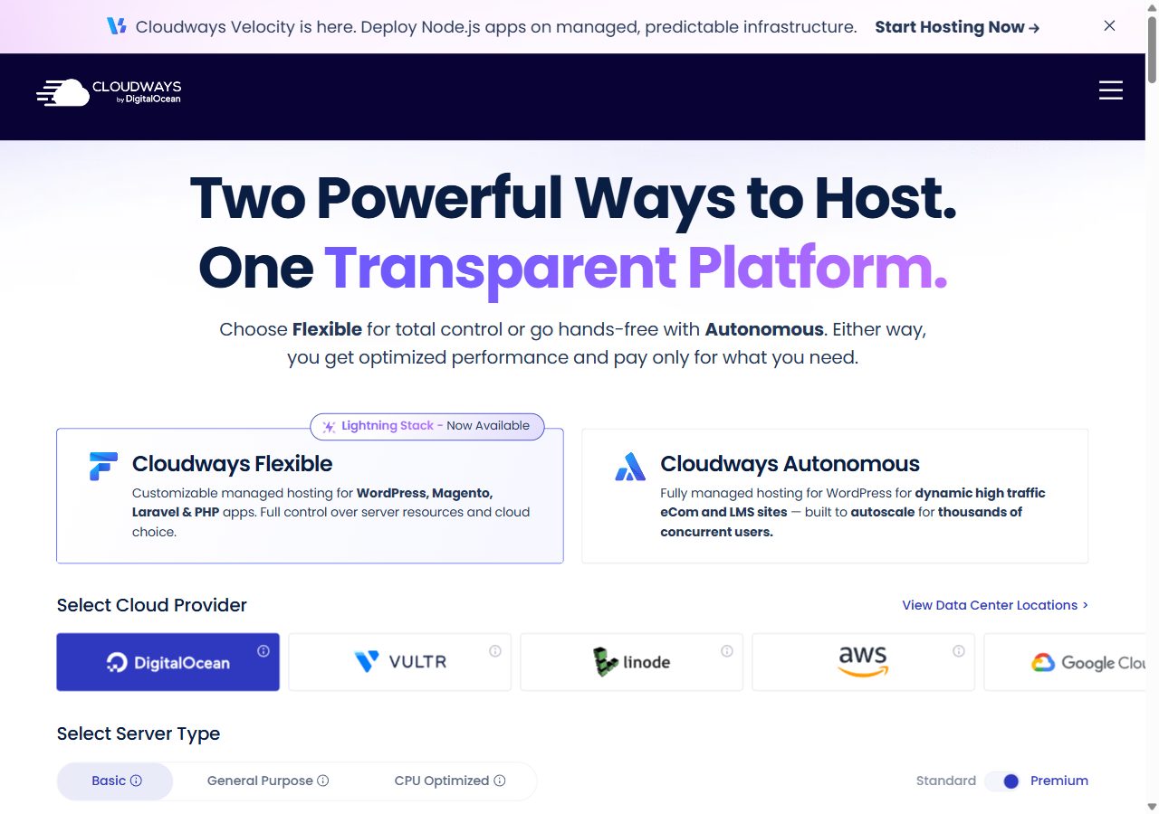 Cloudways pricing page with Flexible and Autonomous hosting and five cloud providers