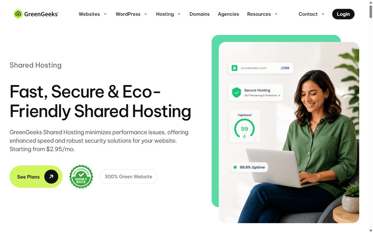 GreenGeeks shared hosting page showing a starting price of $2.95 per month and a 300% Green Website badge