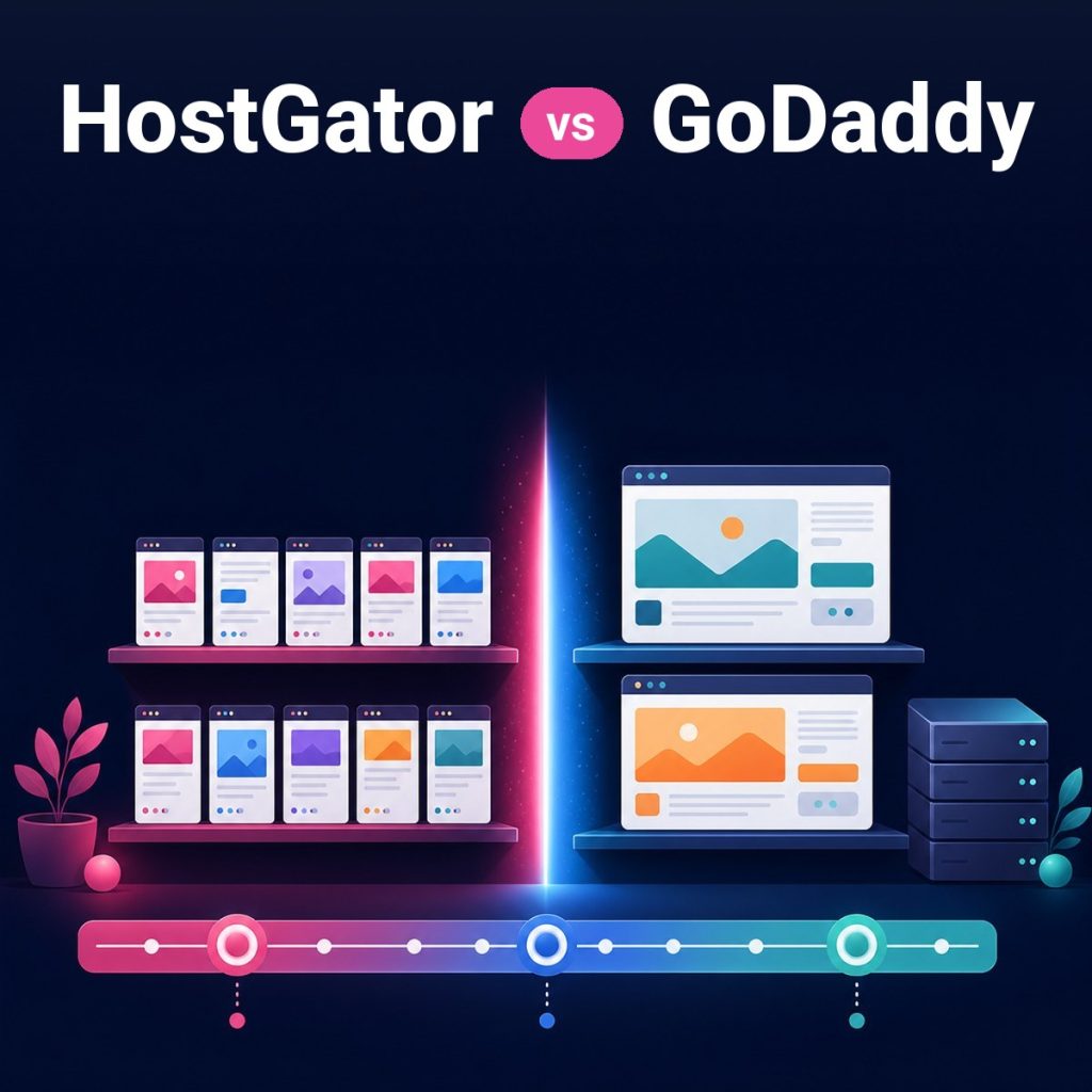 HostGator vs GoDaddy: shelves of many small website cards beside fewer large cards and a storage drive