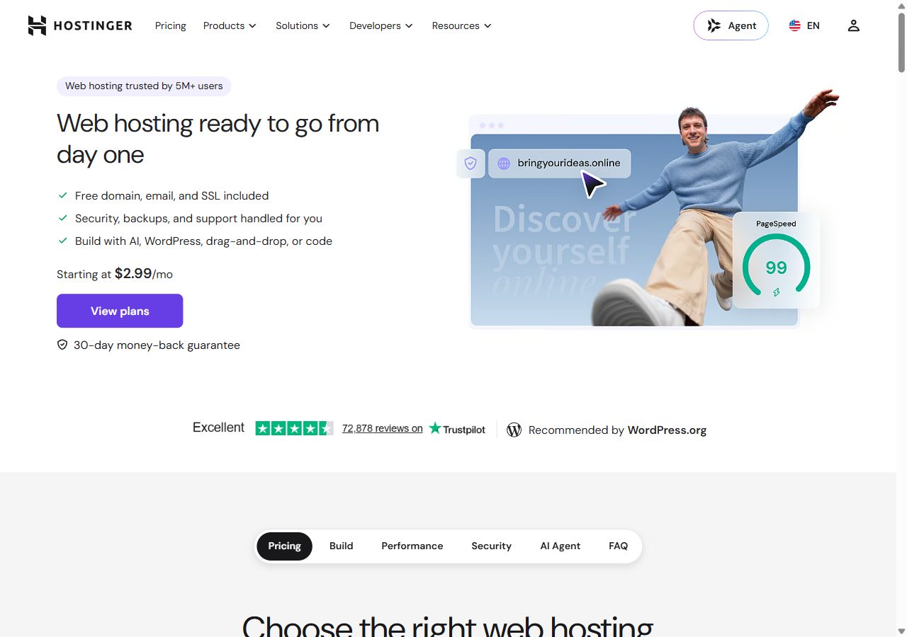 Hostinger web hosting page showing a starting price of $2.99 per month and a 30-day money-back guarantee