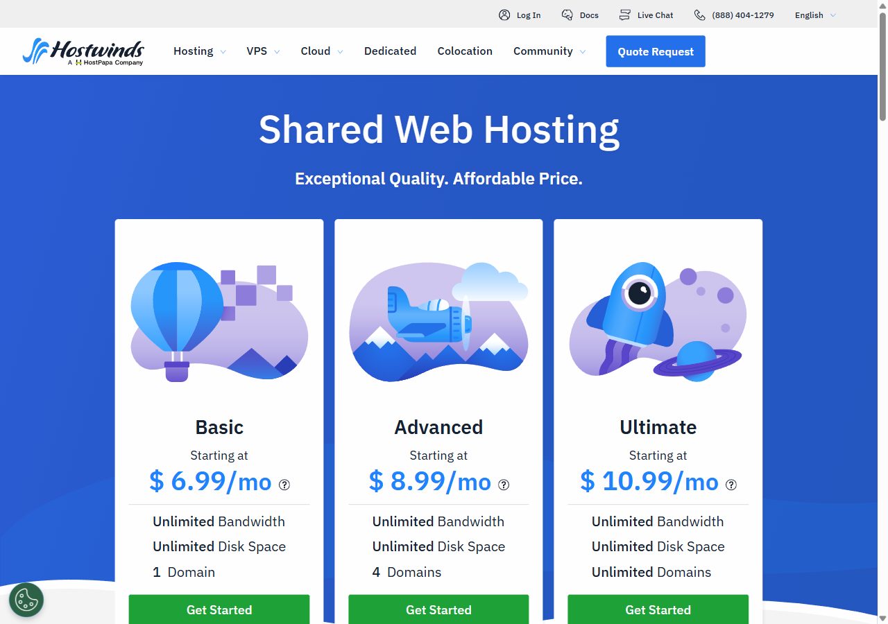 Hostwinds shared hosting plans Basic, Advanced and Ultimate starting at $6.99, $8.99 and $10.99 per month