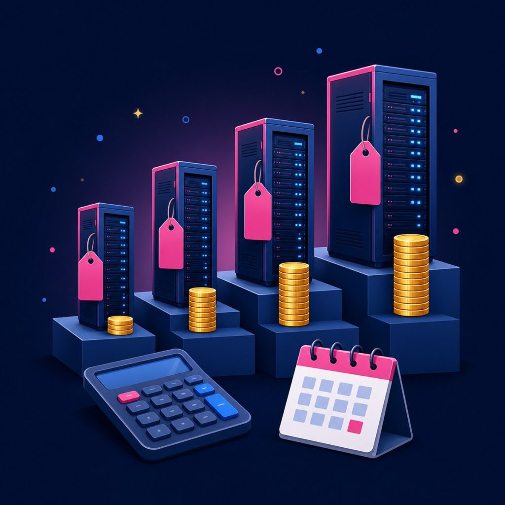 Illustration of four servers of rising size on steps, each with a price tag and a coin stack, beside a calculator