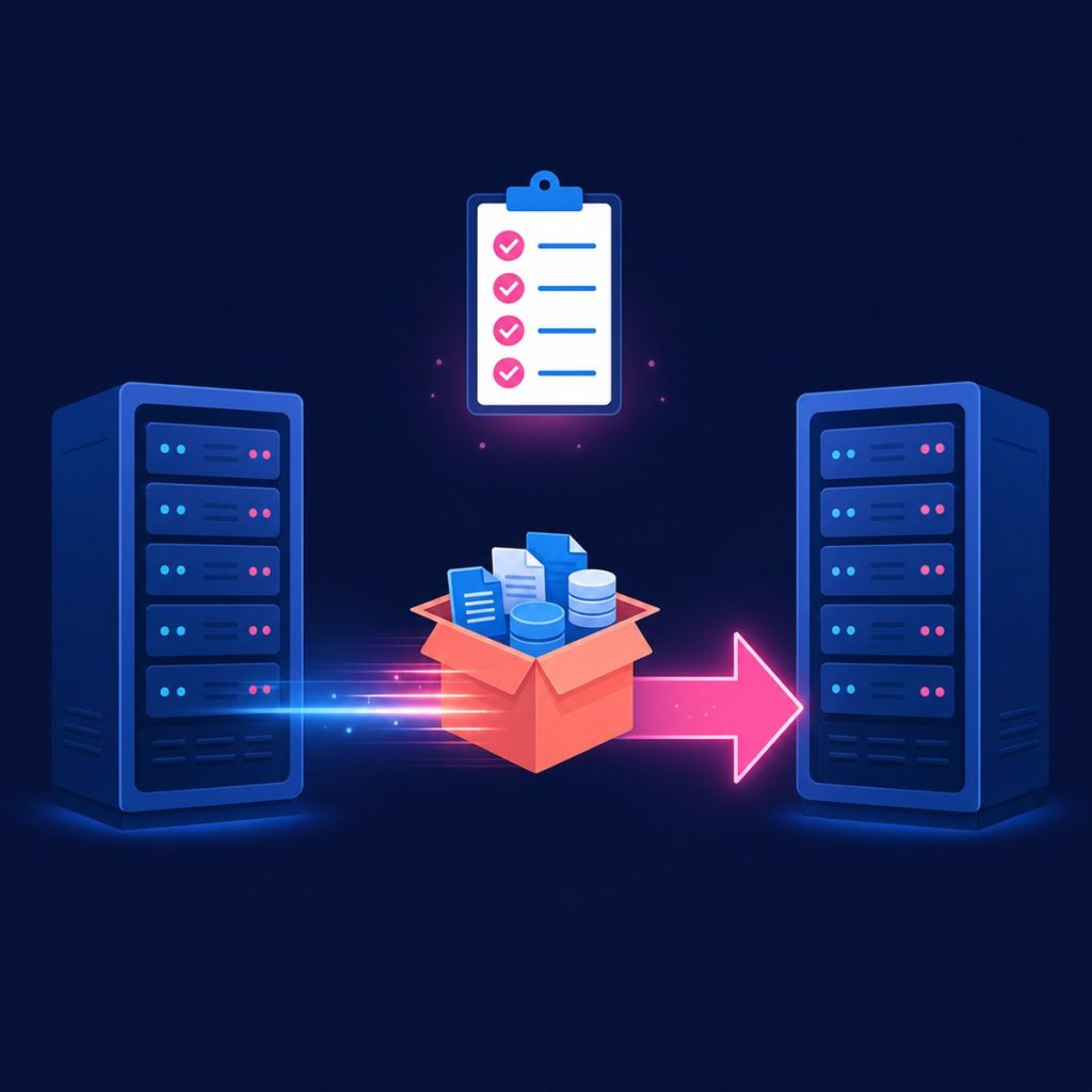 Illustration of a moving box of files traveling along an arrow from one server to another with a checklist