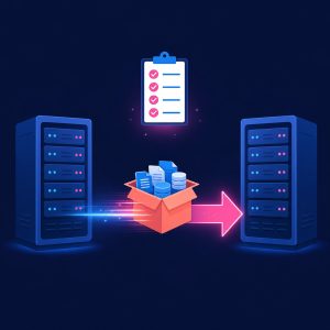 Illustration of a moving box of files traveling along an arrow from one server to another with a checklist