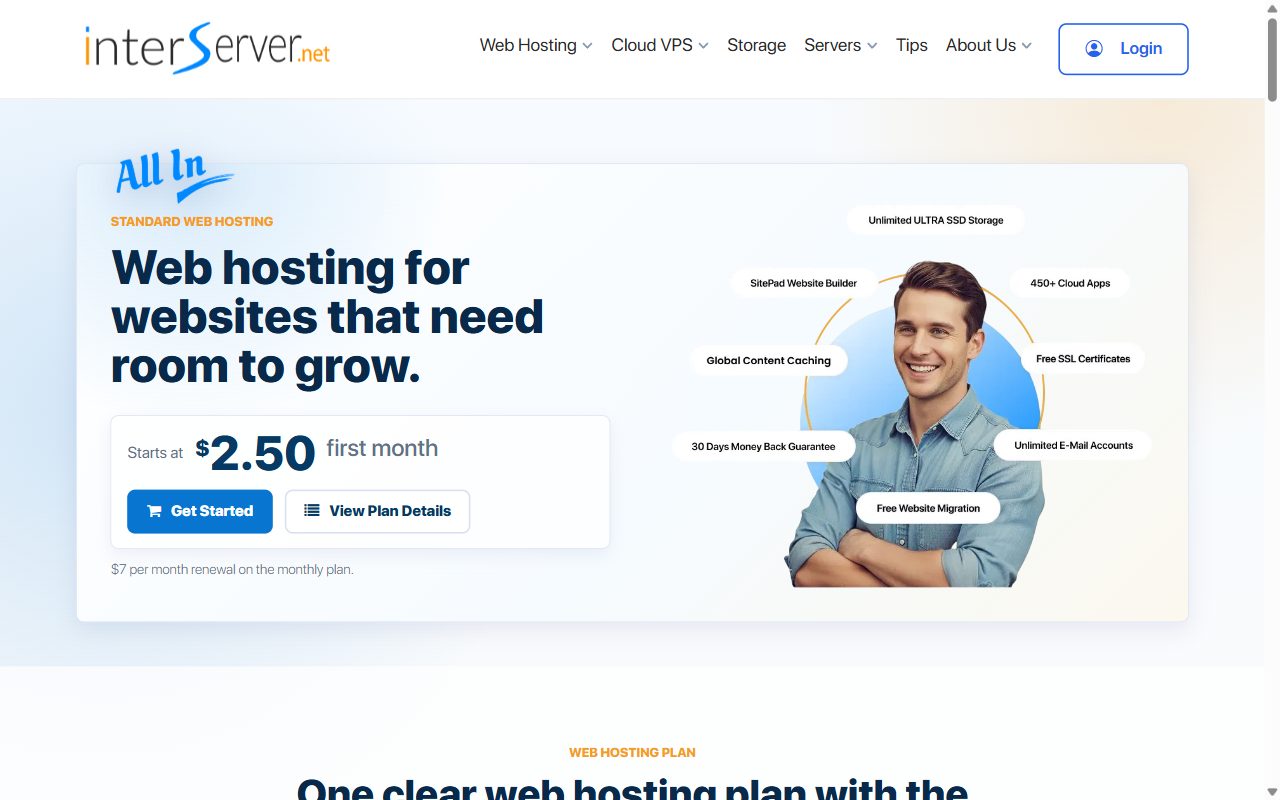 InterServer standard web hosting page showing $2.50 first month and $7 monthly renewal