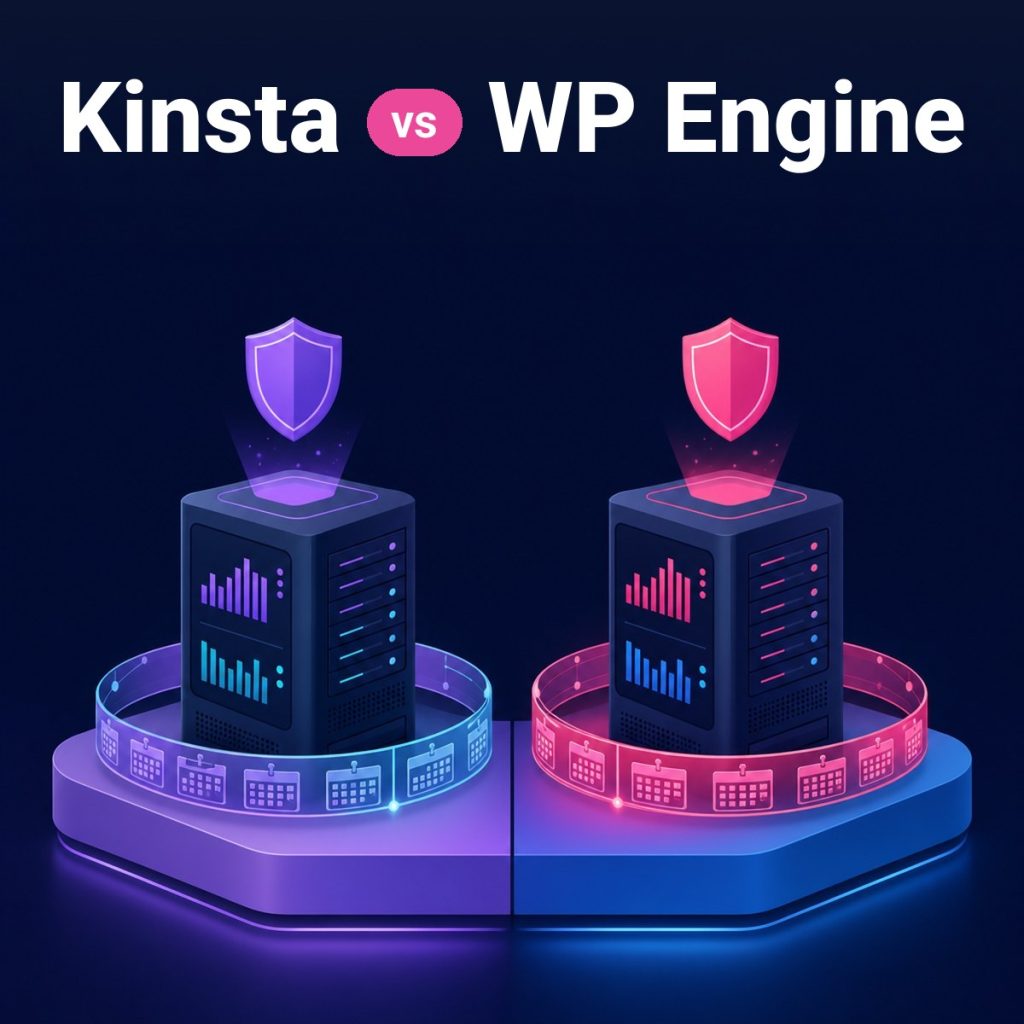 Kinsta vs WP Engine: two managed server pods with visit and bandwidth gauges and shields above them