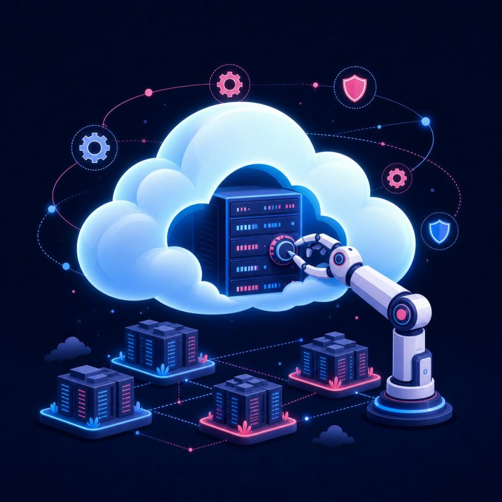 Illustration of a server inside a cloud with a robotic arm adjusting it and data center blocks below