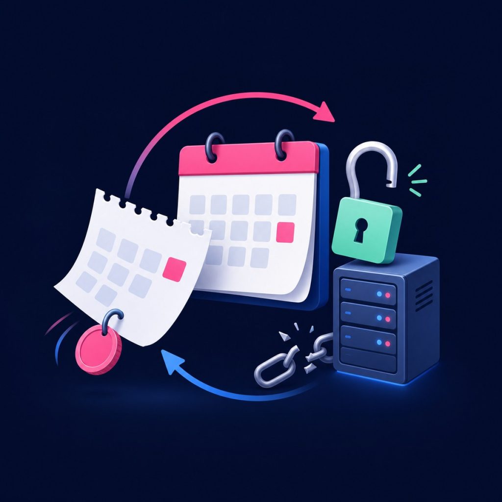 Illustration of a calendar page tearing off each month beside an open padlock and a small server