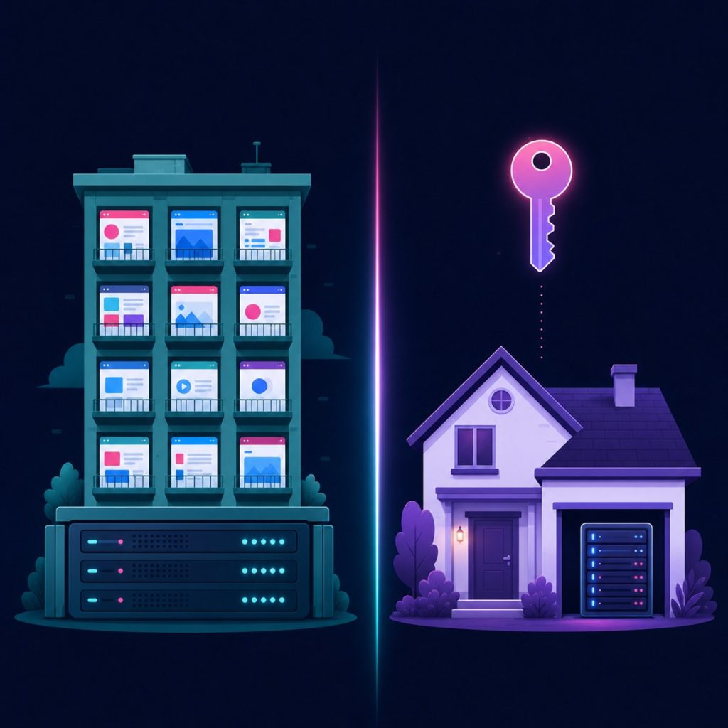 Illustration of an apartment block sharing one server beside a private house with its own server and a key