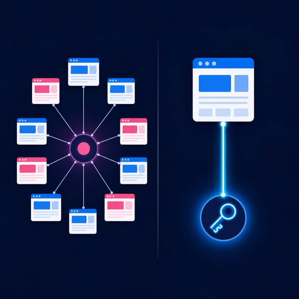 Illustration of many sites sharing one network node beside one site linked to its own private node with a key