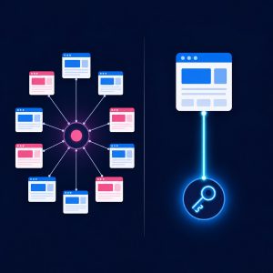 Illustration of many sites sharing one network node beside one site linked to its own private node with a key
