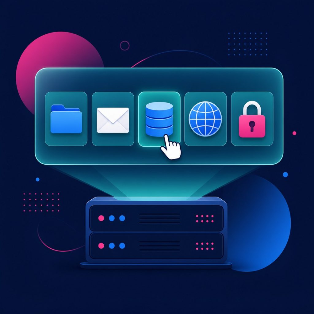 Illustration of a control panel window with file, email, database, domain and lock tiles above a server