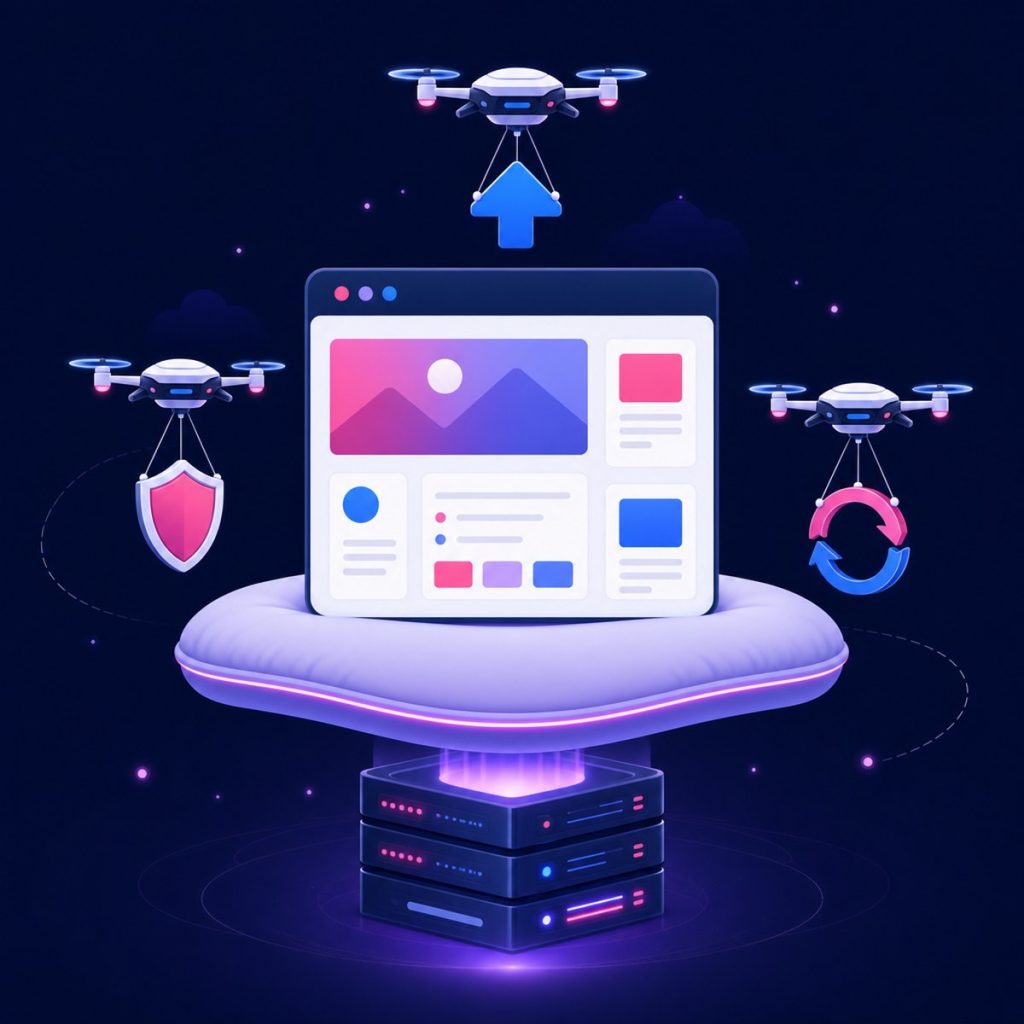 Illustration of a website window on a platform while small drones carry backup, security and update icons